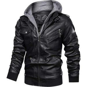Magcomsen Men's Stand Collar Pu Faux Leather Jacket With A Removable Hood- Black